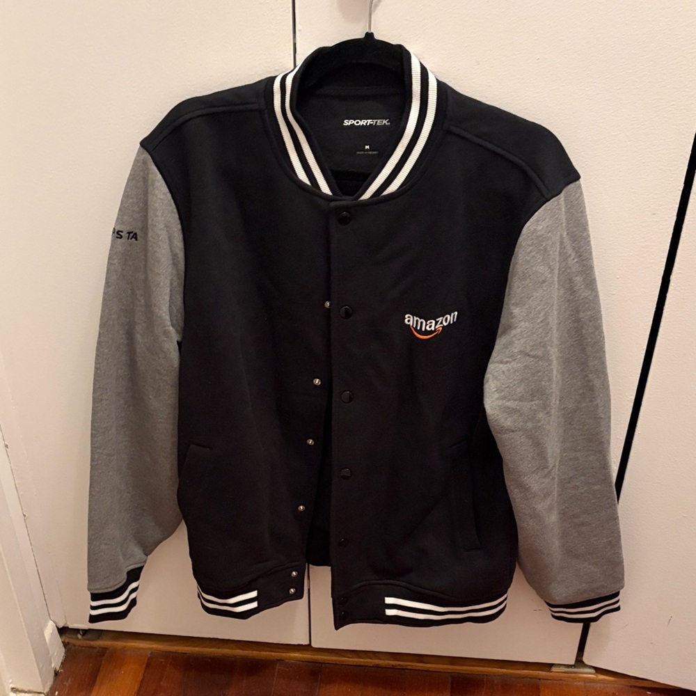 Sport-Tek Unisex Black and Gray Amazon Varsity Bomber Jacket Size M